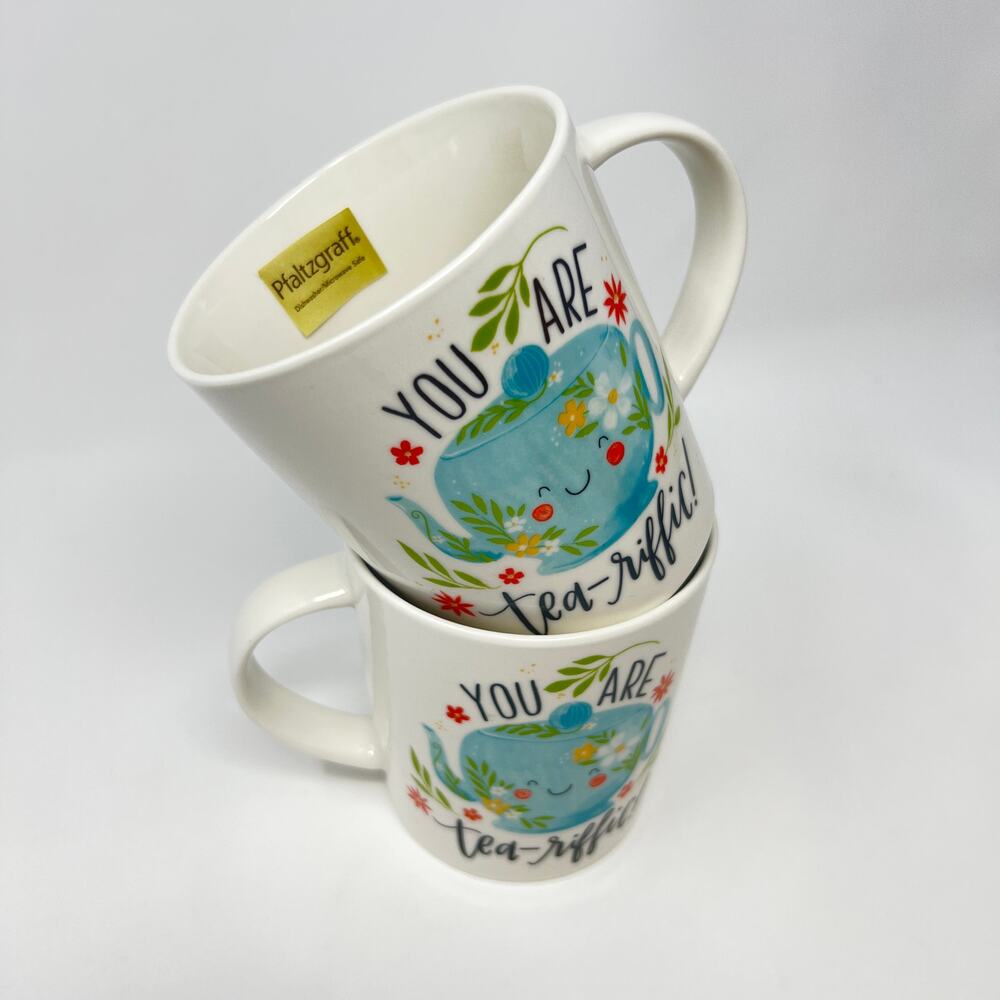 Pflatzgraff Mugs You Are Teariffic Pair of 18oz Porcelain Cups New w/ Tags Gift - Picture 2 of 10